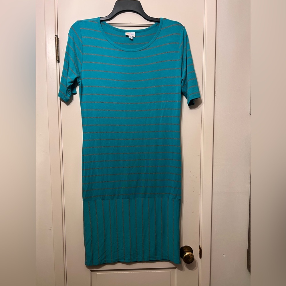 LulaRoe Julia teal and gray striped short sleeve t-shirt dress